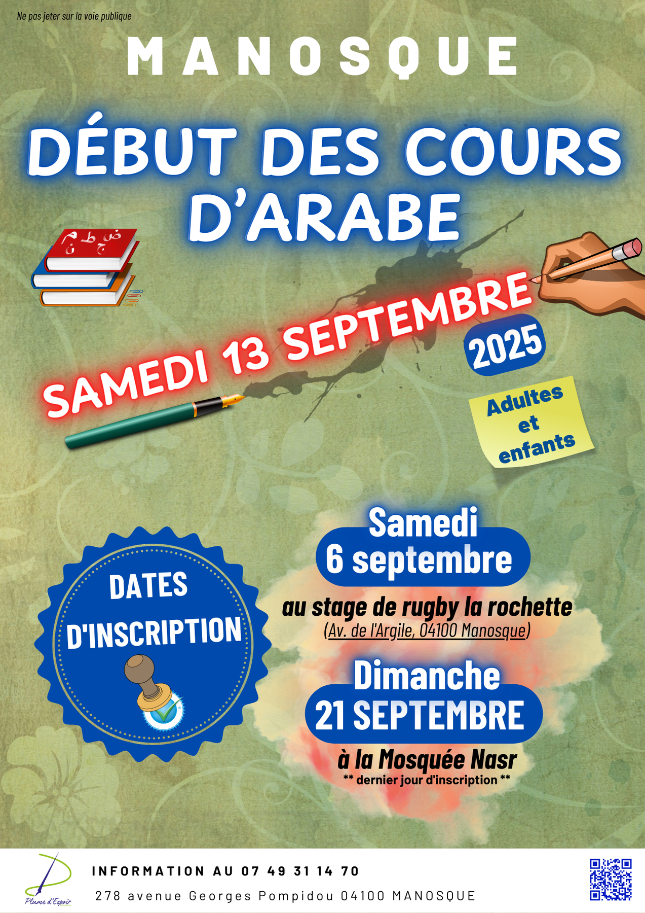 Affiche cours d'arabe enfants 2025