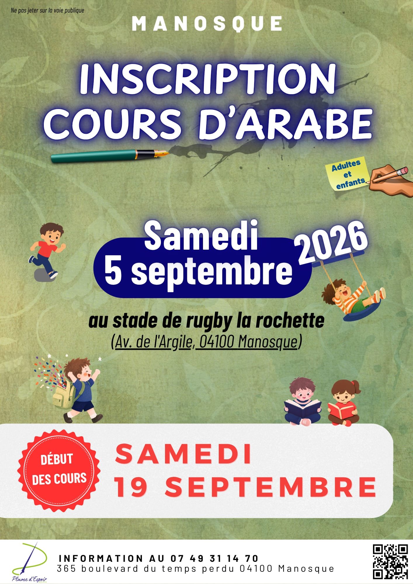 Affiche inscription cours d'arabe 2026-2027